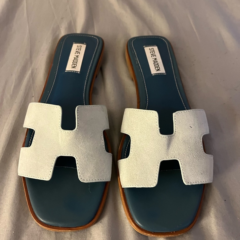 Steve Madden White and Blue Slide Sandals
